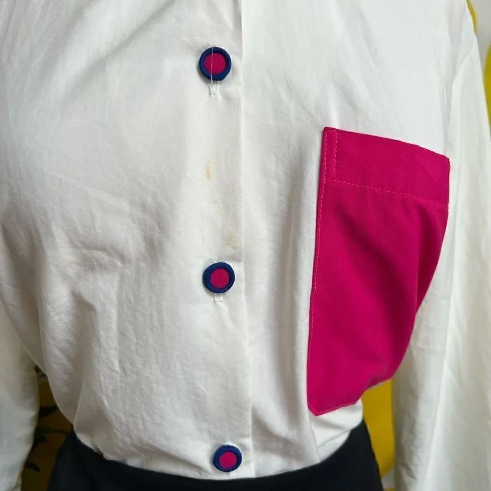 Rad Vintage 1990s Vivid Colorblock Double Collar Button Down Blouse - Picture 10 of 12